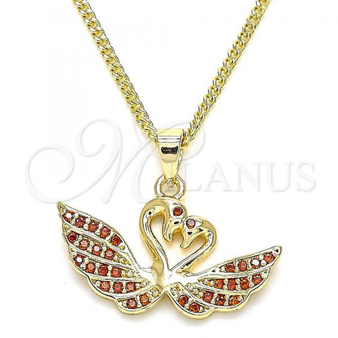 Oro Laminado Pendant Necklace, Gold Filled Style Swan Design, with Garnet Micro Pave, Polished, Golden Finish, 04.344.0017.1.20