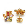 Oro Laminado Stud Earring, Gold Filled Style Flower Design, with Multicolor Cubic Zirconia, Polished, Golden Finish, 02.210.0250.1