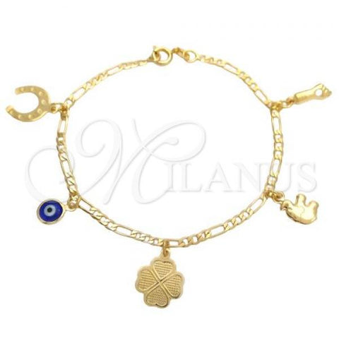 Oro Laminado Charm Bracelet, Gold Filled Style Elephant and Evil Eye Design, Polished, Golden Finish, 03.58.0046.07