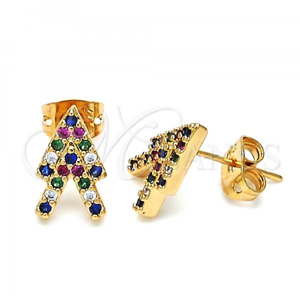 Oro Laminado Stud Earring, Gold Filled Style with Multicolor Micro Pave, Polished, Golden Finish, 02.213.0145