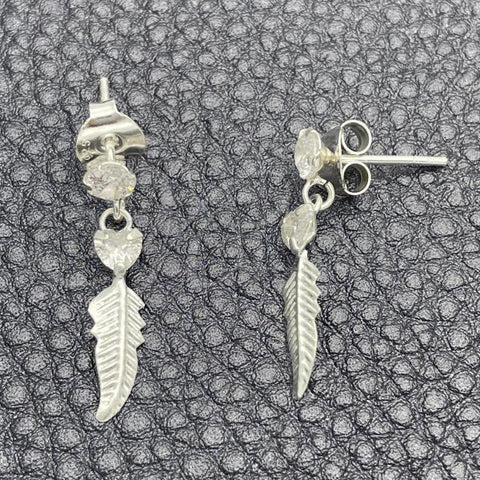 Sterling Silver Long Earring, Leaf and Heart Design, with White Cubic Zirconia, Polished, Silver Finish, 02.401.0057