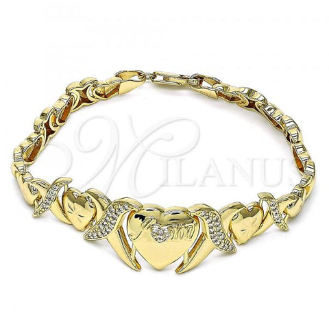 Oro Laminado Fancy Bracelet, Gold Filled Style Hugs and Kisses and Heart Design, with White Cubic Zirconia, Diamond Cutting Finish, Golden Finish, 06.185.0014.08