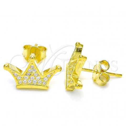 Sterling Silver Stud Earring, Crown Design, with White Micro Pave, Polished, Golden Finish, 02.336.0110.2