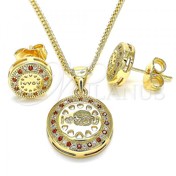 Oro Laminado Earring and Pendant Adult Set, Gold Filled Style Heart Design, with Garnet and White Micro Pave, Polished, Golden Finish, 10.156.0155.2