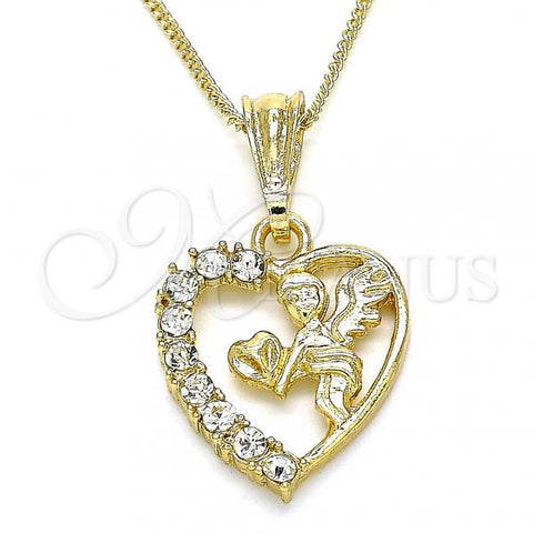 Oro Laminado Pendant Necklace, Gold Filled Style Heart and Angel Design, with White Crystal, Polished, Golden Finish, 04.351.0011.20