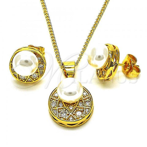 Oro Laminado Earring and Pendant Adult Set, Gold Filled Style with White Micro Pave and Ivory Pearl, Polished, Golden Finish, 10.344.0024