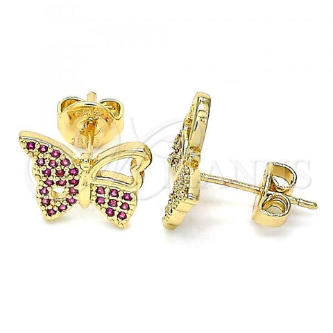 Oro Laminado Stud Earring, Gold Filled Style Butterfly Design, with Ruby Micro Pave, Polished, Golden Finish, 02.156.0456.1