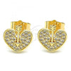 Oro Laminado Stud Earring, Gold Filled Style Heart Design, with White Micro Pave, Polished, Golden Finish, 02.156.0480