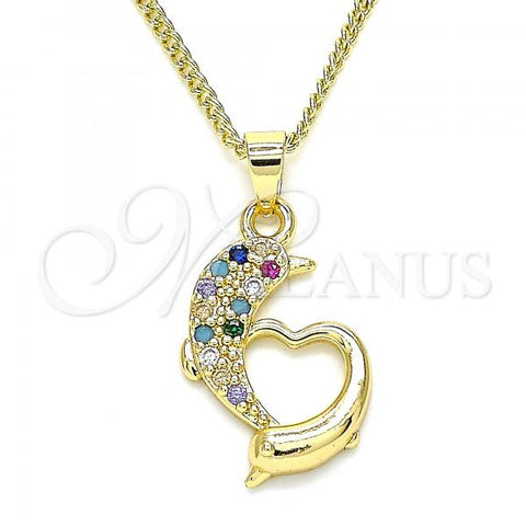 Oro Laminado Pendant Necklace, Gold Filled Style Dolphin and Heart Design, with Multicolor Micro Pave, Polished, Golden Finish, 04.344.0024.2.20