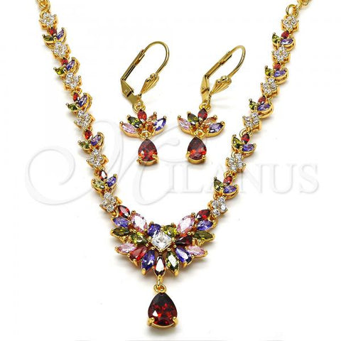 Oro Laminado Necklace and Earring, Gold Filled Style Teardrop and Leaf Design, with Multicolor Cubic Zirconia, Polished, Golden Finish, 06.236.0002.1