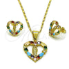 Oro Laminado Earring and Pendant Adult Set, Gold Filled Style San Judas and Heart Design, with Multicolor Cubic Zirconia, Polished, Golden Finish, 10.411.0011.1