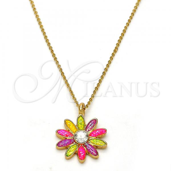 Oro Laminado Pendant Necklace, Gold Filled Style Flower Design, with White Crystal, Multicolor Enamel Finish, Golden Finish, 04.213.0040.1.16