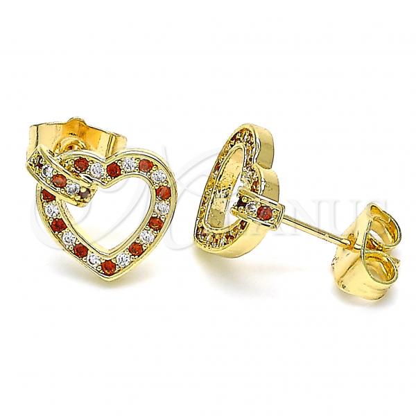 Oro Laminado Stud Earring, Gold Filled Style Heart Design, with Garnet and White Micro Pave, Polished, Golden Finish, 02.156.0388.1