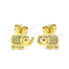 Oro Laminado Stud Earring, Gold Filled Style Elephant Design, with White and Ruby Micro Pave, Polished, Golden Finish, 02.342.0115