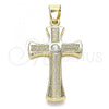 Oro Laminado Religious Pendant, Gold Filled Style Cross Design, with White Crystal, Polished, Golden Finish, 05.213.0081