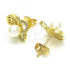 Oro Laminado Stud Earring, Gold Filled Style Butterfly and Ball Design, with White Cubic Zirconia and Ivory Pearl, Polished, Golden Finish, 02.156.0345