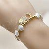 Oro Laminado Fancy Bracelet, Gold Filled Style Shell and Fish Design, with Ivory Pearl and White Micro Pave, Polished, Golden Finish, 03.341.0257.07