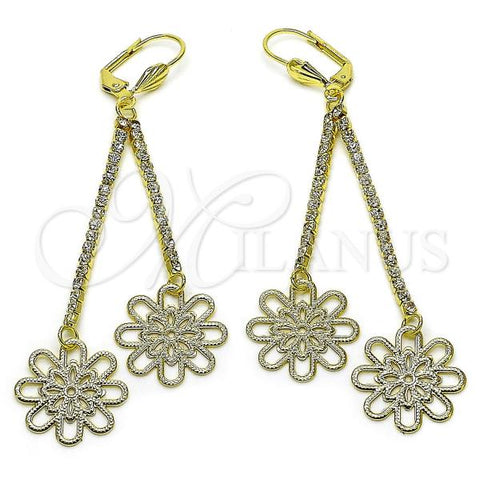 Oro Laminado Long Earring, Gold Filled Style Flower Design, with White Cubic Zirconia, Diamond Cutting Finish, Golden Finish, 5.075.002.1