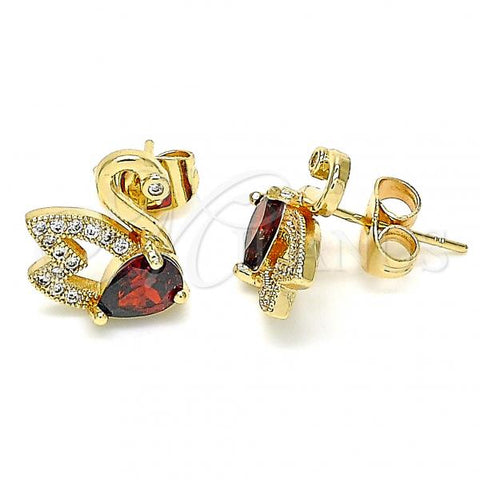 Oro Laminado Stud Earring, Gold Filled Style Swan Design, with Garnet Cubic Zirconia and White Micro Pave, Polished, Golden Finish, 02.210.0372.1
