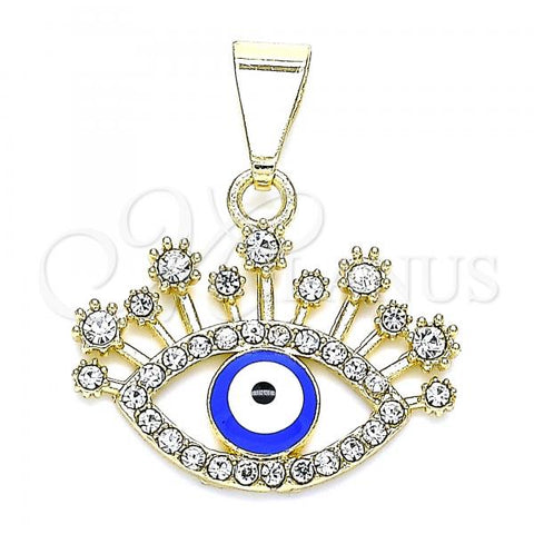 Oro Laminado Fancy Pendant, Gold Filled Style Evil Eye Design, with White Crystal, Blue Enamel Finish, Golden Finish, 05.213.0122