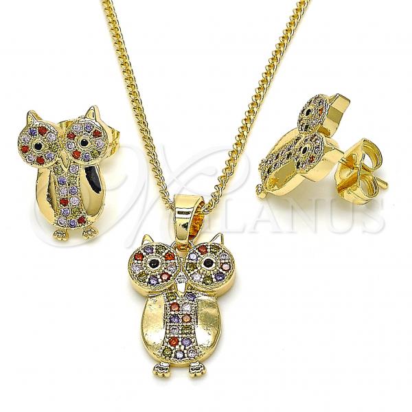 Oro Laminado Earring and Pendant Adult Set, Gold Filled Style Owl Design, with Multicolor Micro Pave, Polished, Golden Finish, 10.316.0037