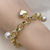 Oro Laminado Charm Bracelet, Gold Filled Style Rolo and Heart Design, with Ivory Pearl and White Cubic Zirconia, Diamond Cutting Finish, Golden Finish, 03.331.0266.09