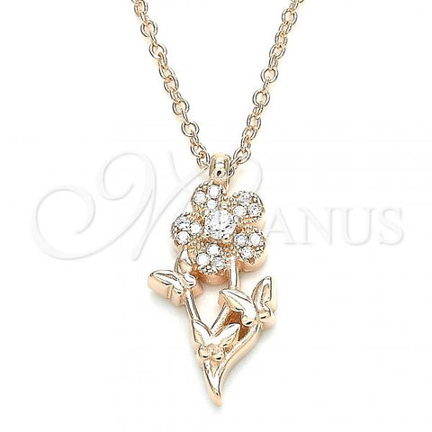 Sterling Silver Pendant Necklace, Flower and Butterfly Design, with White Cubic Zirconia and White Crystal, Polished, Rose Gold Finish, 04.336.0200.1.16