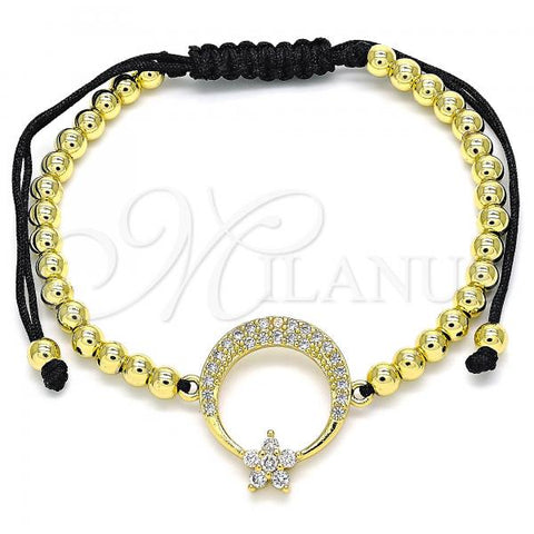Oro Laminado Adjustable Bolo Bracelet, Gold Filled Style Moon and Flower Design, with White Micro Pave and White Cubic Zirconia, Polished, Golden Finish, 03.299.0070.11