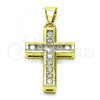 Oro Laminado Religious Pendant, Gold Filled Style Cross Design, with White Cubic Zirconia, Polished, Golden Finish, 05.253.0189