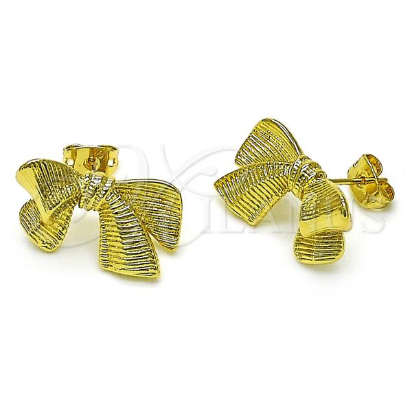 Oro Laminado Stud Earring, Gold Filled Style Bow Design, Diamond Cutting Finish, Golden Finish, 02.341.0203