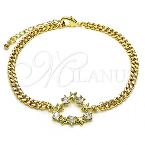 Oro Laminado Fancy Bracelet, Gold Filled Style Heart and Star Design, with White Cubic Zirconia, Polished, Golden Finish, 03.341.0178.08