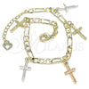 Oro Laminado Charm Bracelet, Gold Filled Style Crucifix Design, Polished, Tricolor, 03.351.0115.07