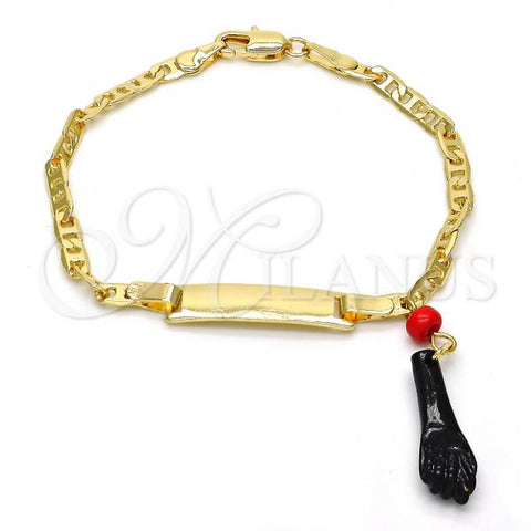 Oro Laminado Charm Bracelet, Gold Filled Style Hand Design, with Black and Orange Red Azavache, Polished, Golden Finish, 03.63.1811.06