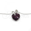 Rhodium Plated Pendant Necklace, Heart and Bow Design, with Amethyst Swarovski Crystals and White Micro Pave, Polished, Rhodium Finish, 04.239.0007.1.16