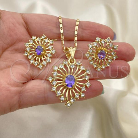 Oro Laminado Earring and Pendant Adult Set, Gold Filled Style with Amethyst and White Crystal, Polished, Golden Finish, 10.160.0122.2