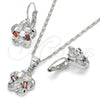 Rhodium Plated Earring and Pendant Adult Set, Flower Design, with Garnet and White Cubic Zirconia, Polished, Rhodium Finish, 10.210.0093.5