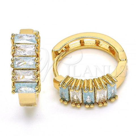 Oro Laminado Huggie Hoop, Gold Filled Style with Aqua Blue and White Cubic Zirconia, Polished, Golden Finish, 02.210.0075.1.15