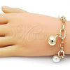 Oro Laminado Charm Bracelet, Gold Filled Style Rolo and Ball Design, with Ivory Pearl and White Cubic Zirconia, Polished, Golden Finish, 03.331.0264.09