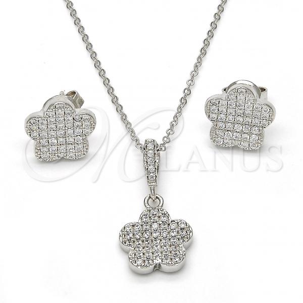 Sterling Silver Earring and Pendant Adult Set, Flower Design, with White Micro Pave, Polished, Rhodium Finish, 10.275.0015