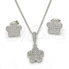 Sterling Silver Earring and Pendant Adult Set, Flower Design, with White Micro Pave, Polished, Rhodium Finish, 10.275.0015