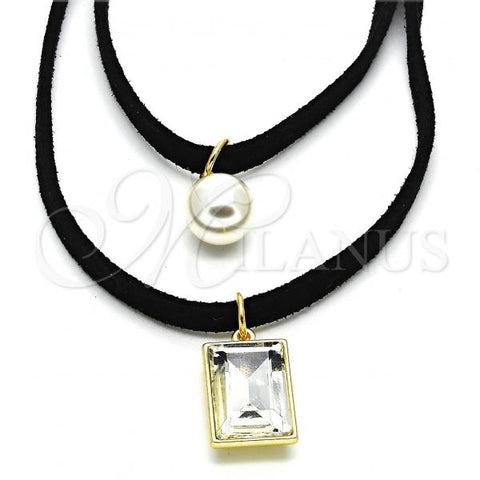 Oro Laminado Fancy Necklace, Gold Filled Style Choker and Ball Design, with White Crystal and Ivory Pearl, Polished, Golden Finish, 04.215.0020.3.13