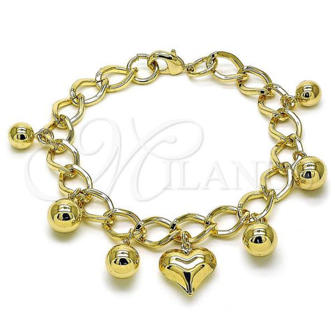 Oro Laminado Charm Bracelet, Gold Filled Style Heart and Ball Design, Polished, Golden Finish, 03.331.0315.08