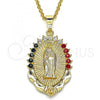 Oro Laminado Fancy Pendant, Gold Filled Style Guadalupe Design, with Multicolor Crystal, Polished, Golden Finish, 05.351.0018