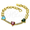 Oro Laminado Fancy Bracelet, Gold Filled Style Heart Design, with Multicolor Cubic Zirconia, Polished, Golden Finish, 03.283.0283.07