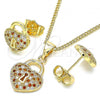 Oro Laminado Earring and Pendant Adult Set, Gold Filled Style Heart Design, with Garnet and White Micro Pave, Polished, Golden Finish, 10.156.0246.4