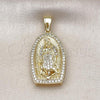 Oro Laminado Religious Pendant, Gold Filled Style Guadalupe Design, with White Cubic Zirconia, Polished, Golden Finish, 05.411.0071