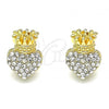 Oro Laminado Stud Earring, Gold Filled Style Heart and Crown Design, with White Crystal, Polished, Golden Finish, 02.63.2708