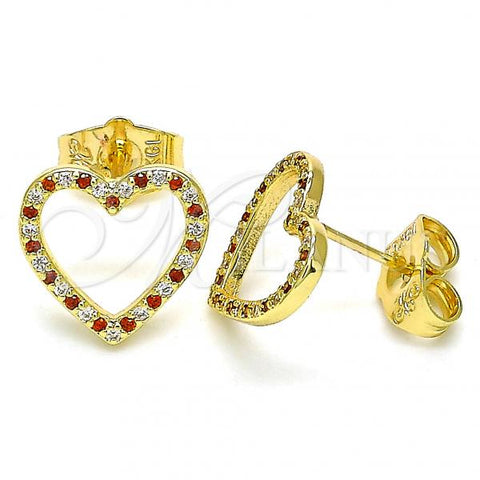 Oro Laminado Stud Earring, Gold Filled Style Heart Design, with Garnet and White Micro Pave, Polished, Golden Finish, 02.94.0117.1