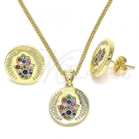 Oro Laminado Earring and Pendant Adult Set, Gold Filled Style Hand of God Design, with Multicolor Micro Pave, Polished, Golden Finish, 10.156.0250.2