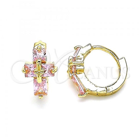 Oro Laminado Huggie Hoop, Gold Filled Style Cross Design, with Pink Cubic Zirconia, Polished, Golden Finish, 02.210.0552.4.12
